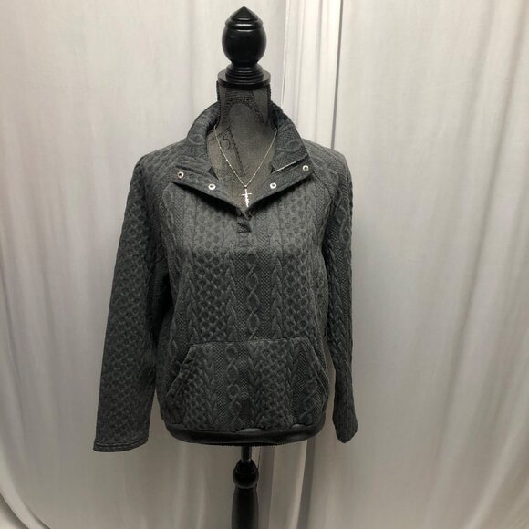 Gray Cable Knit Pullover Sweatshirt Women Size Medium Kangaroo Pocket Snaps NEW - Picture 2 of 10